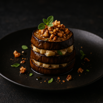 Baked Eggplant Towers with Fermented Cheese and Walnuts