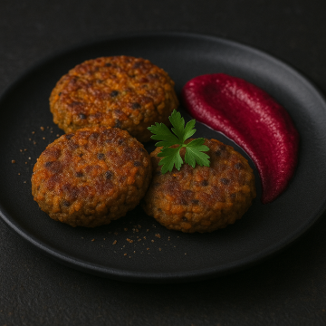 Lentil and Carrot Patties with Buckwheat Flour, Served with Fermented Beet Sauce
