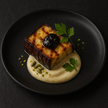 Grilled Eggplant with Black Garlic and Pumpkin Seed Cream