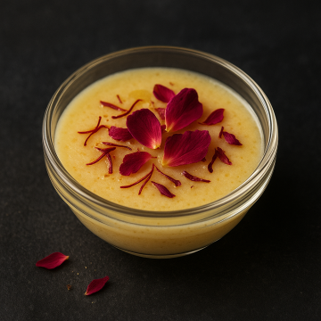 Saffron and Almond Pudding with Rose Petals