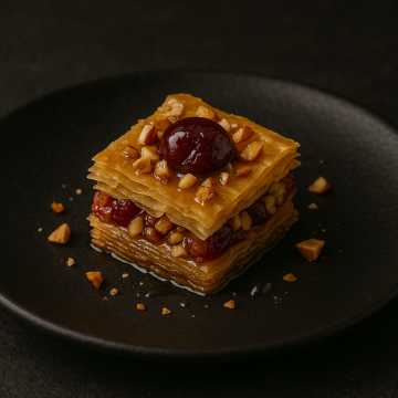 Rice Baklava with Cherries and Almonds Drizzled with Rose Water