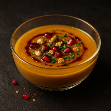Quince and Pumpkin Soup with Hazelnut Milk and Pomegranate Drizzle